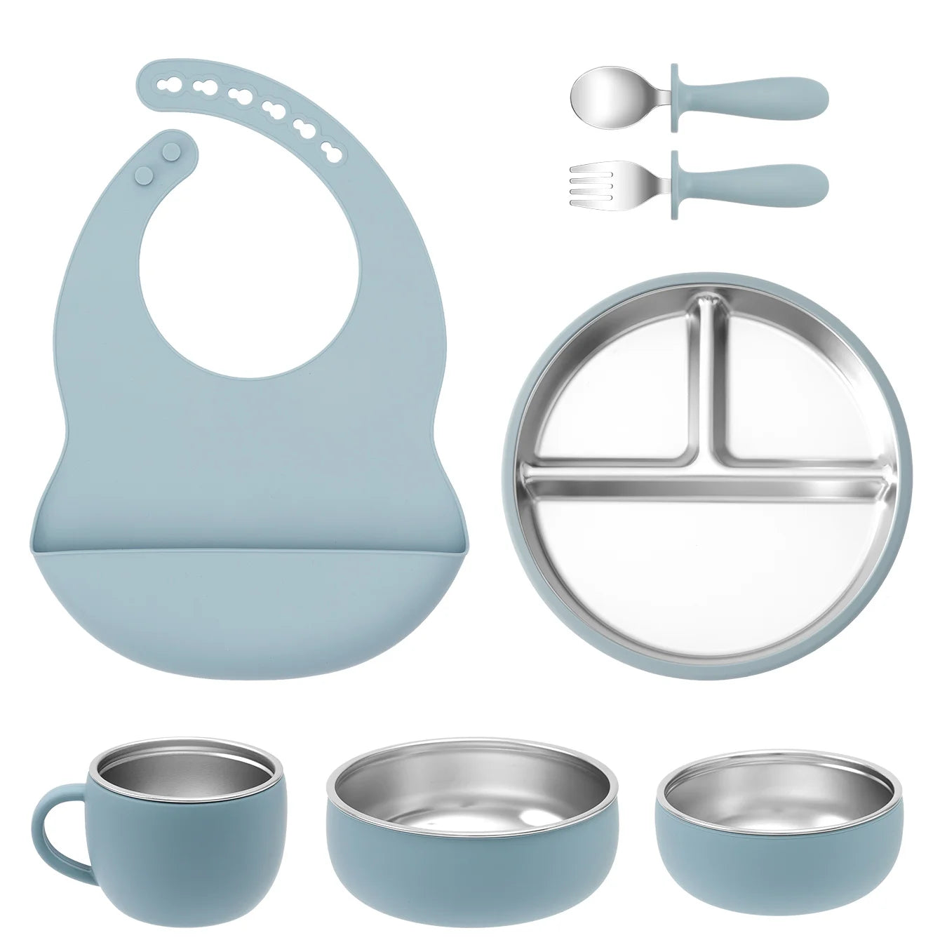 Kit Vaisselle Bébé 7 Pièces Inox & Silicone | Anti-dérapant