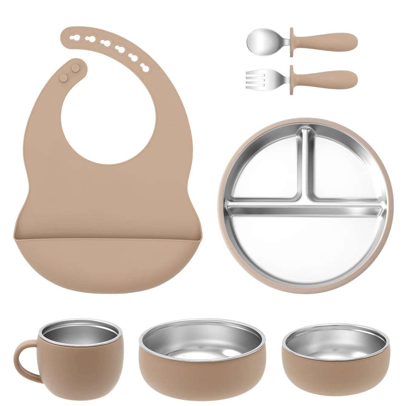 Kit Vaisselle Bébé 7 Pièces Inox & Silicone | Anti-dérapant