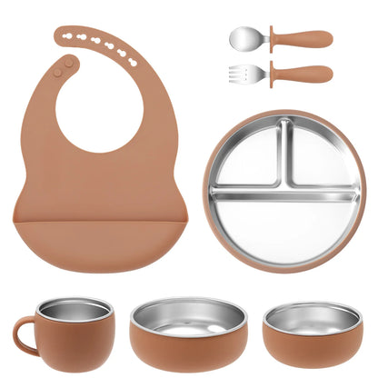 Kit Vaisselle Bébé 7 Pièces Inox & Silicone | Anti-dérapant
