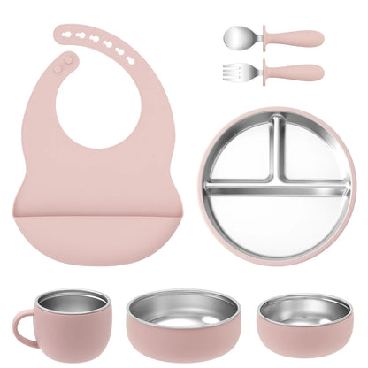 Kit Vaisselle Bébé 7 Pièces Inox & Silicone | Anti-dérapant