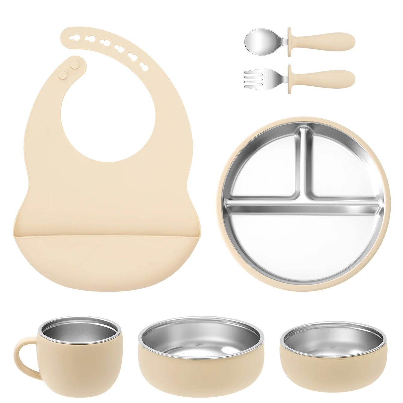 Kit Vaisselle Bébé 7 Pièces Inox & Silicone | Anti-dérapant