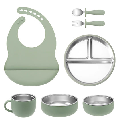 Kit Vaisselle Bébé 7 Pièces Inox & Silicone | Anti-dérapant