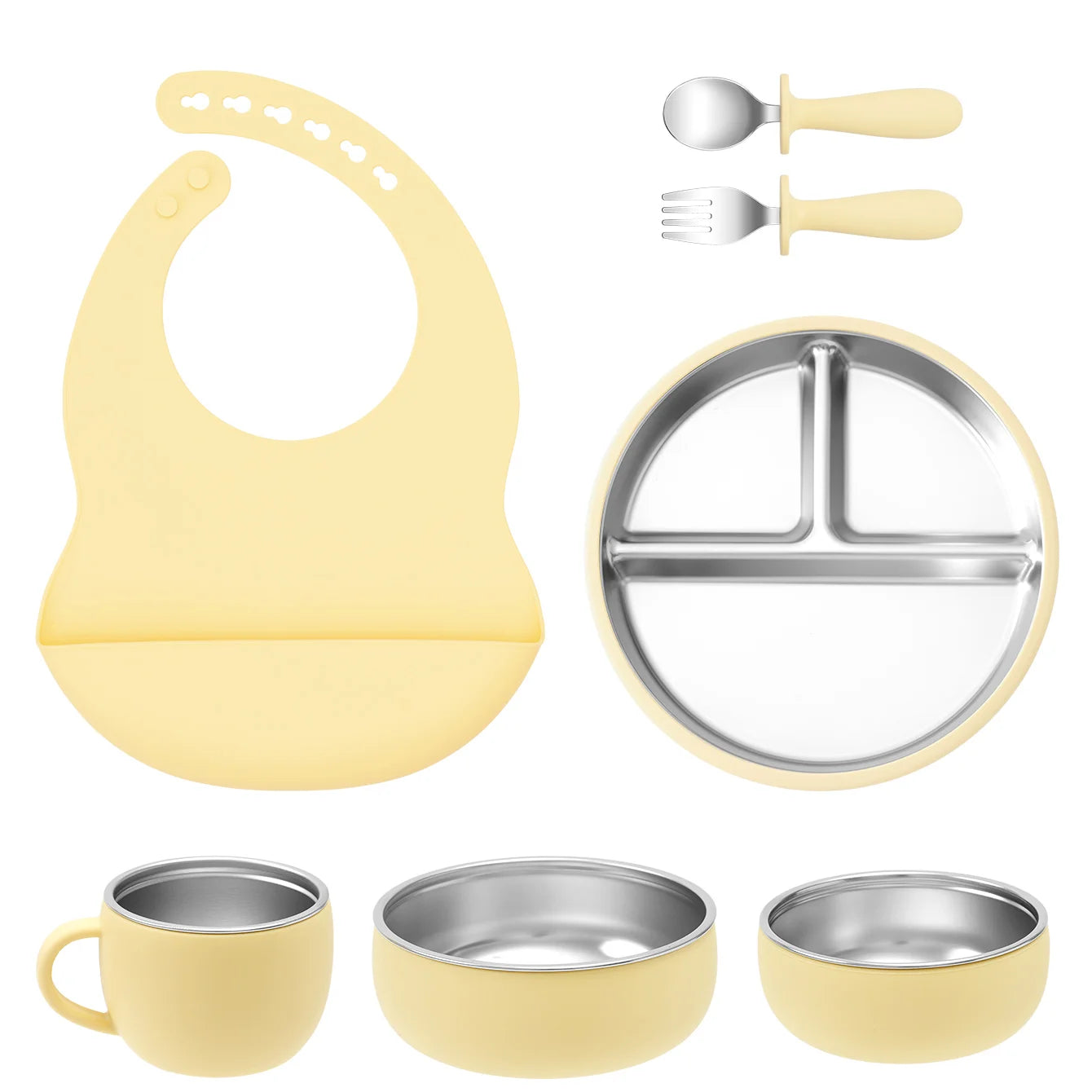 Kit Vaisselle Bébé 7 Pièces Inox & Silicone | Anti-dérapant