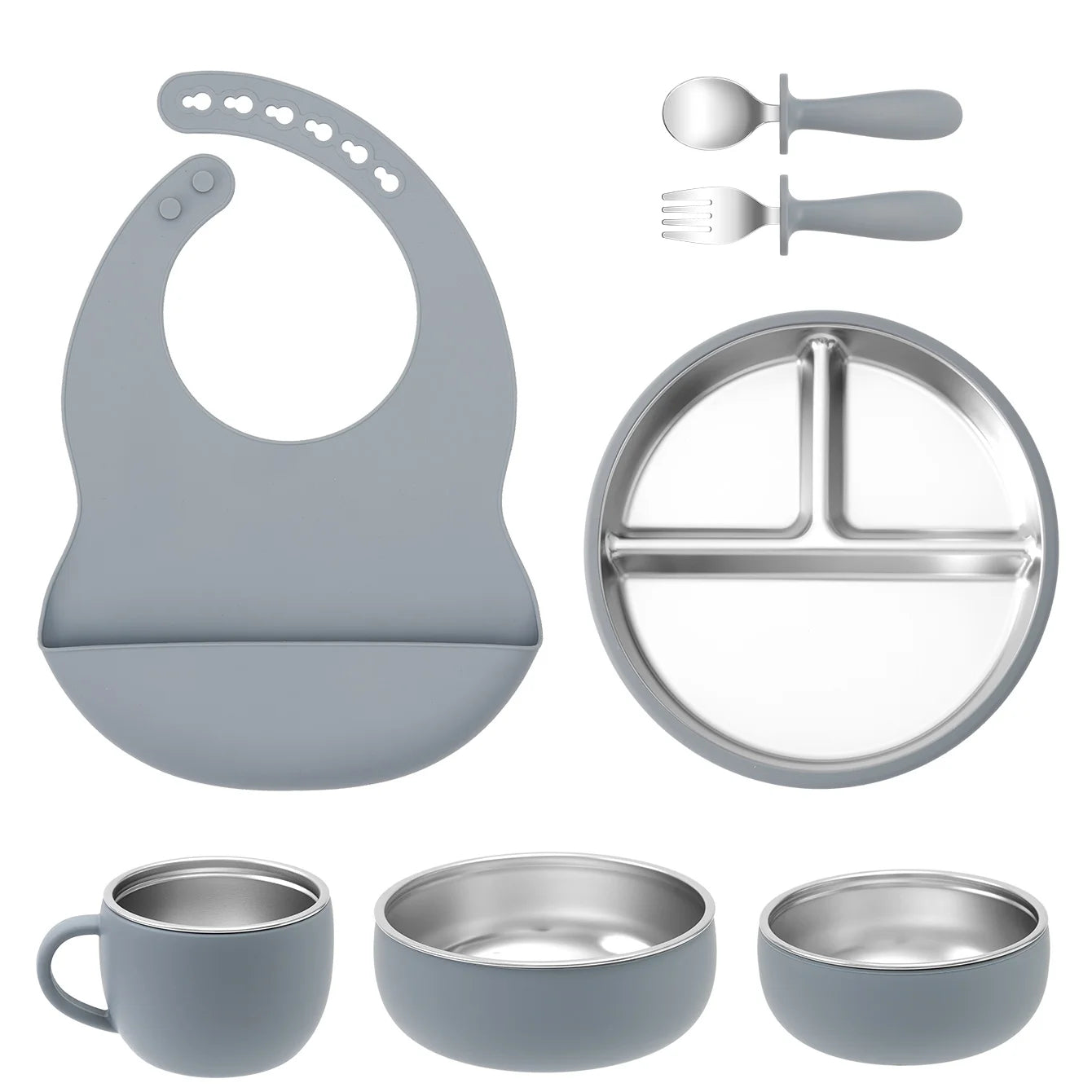 Kit Vaisselle Bébé 7 Pièces Inox & Silicone | Anti-dérapant